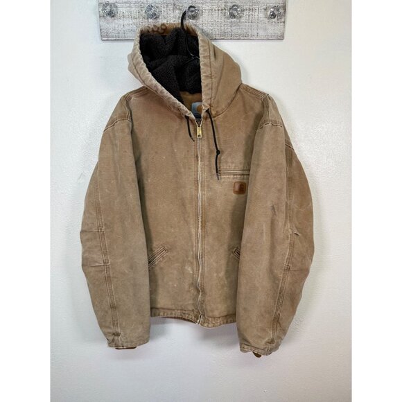 Carhartt Jacket Mens Large J141 Hooded Canvas Sherpa Lined Full Zip